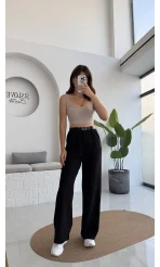 Çift Pile Detay Kemerli Örme Pantolon - Siyah