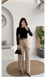 Çift Pileli Kemerli Pantolon - Vizon - Kod: 3875