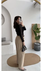 Çift Pileli Kemerli Pantolon - Vizon - Kod: 3875