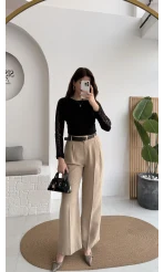 Çift Pileli Kemerli Pantolon - Vizon - Kod: 3875