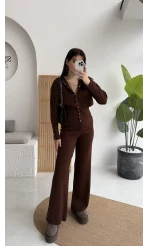 Çıt Çıt Düğme Detay Triko Takım - Kahverengi