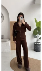 Çıt Çıt Düğme Detay Triko Takım - Kahverengi