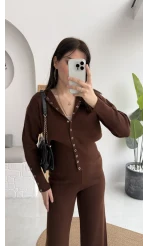 Çıt Çıt Düğme Detay Triko Takım - Kahverengi