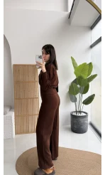 Çıt Çıt Düğme Detay Triko Takım - Kahverengi