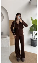 Çıt Çıt Düğme Detay Triko Takım - Kahverengi