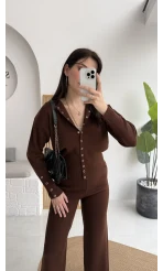 Çıt Çıt Düğme Detay Triko Takım - Kahverengi