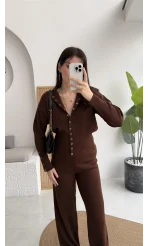 Çıt Çıt Düğme Detay Triko Takım - Kahverengi