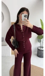 Çıt Çıt Düğme Detay Triko Takım - Mürdüm