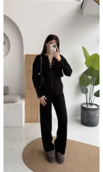 Çıt Çıt Düğme Detay Triko Takım - Siyah