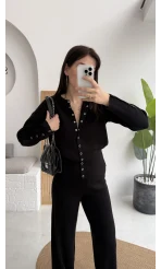 Çıt Çıt Düğme Detay Triko Takım - Siyah