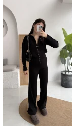 Çıt Çıt Düğme Detay Triko Takım - Siyah