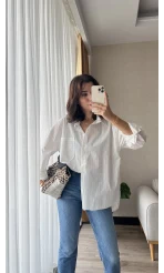 Çizgili Beyaz Tunik Gömlek (Kesik Model)