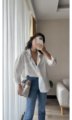 Çizgili Beyaz Tunik Gömlek (Kesik Model)