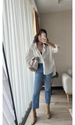 Çizgili Beyaz Tunik Gömlek (Kesik Model)