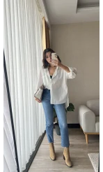 Çizgili Beyaz Tunik Gömlek (Kesik Model)