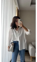 Çizgili Beyaz Tunik Gömlek (Kesik Model)