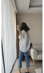 Çizgili Beyaz Tunik Gömlek (Kesik Model)