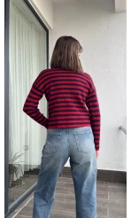 Çizgili Kırmızı Çift Düğmeli Hırka