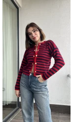 Çizgili Kırmızı Çift Düğmeli Hırka