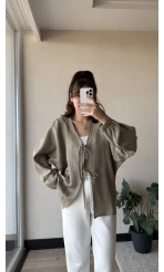 Çizgili Önden Bağlamalı Bluz Haki