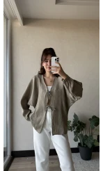 Çizgili Önden Bağlamalı Bluz Haki