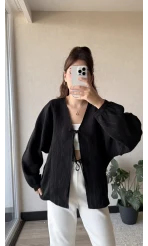 Çizgili Önden Bağlamalı Bluz Siyah