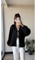 Çizgili Önden Bağlamalı Bluz Siyah