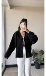 Çizgili Önden Bağlamalı Bluz Siyah