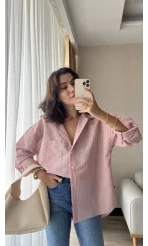 Çizgili Pembe Tunik Gömlek (Kesik Model)