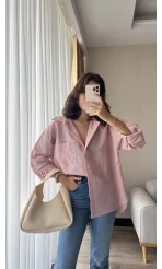 Çizgili Pembe Tunik Gömlek (Kesik Model)