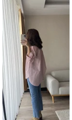 Çizgili Pembe Tunik Gömlek (Kesik Model)
