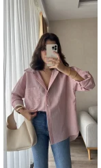 Çizgili Pembe Tunik Gömlek (Kesik Model)