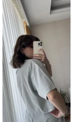Çizgili Şortlu Takım Açık Gri