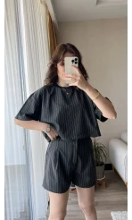 Çizgili Şortlu Takım Koyu Antrasit