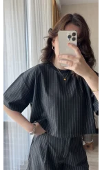 Çizgili Şortlu Takım Koyu Antrasit