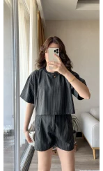 Çizgili Şortlu Takım Koyu Antrasit