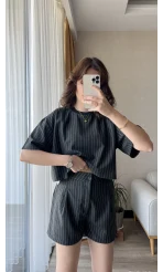 Çizgili Şortlu Takım Koyu Antrasit