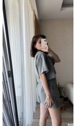 Çizgili Şortlu Takım Koyu Gri