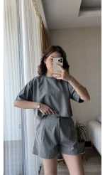 Çizgili Şortlu Takım Koyu Gri