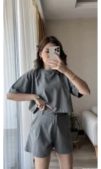 Çizgili Şortlu Takım Koyu Gri