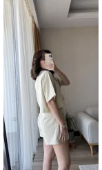 Çizgili Şortlu Takım Krem