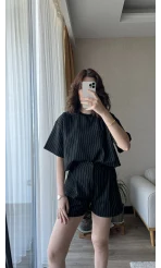 Çizgili Şortlu Takım Siyah