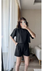 Çizgili Şortlu Takım Siyah