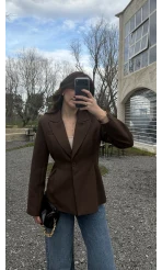 Clarıssa Pileli Tek Düğmeli Blazer Ceket - Acı Kahve - Kod: 4157