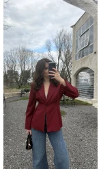 Clarıssa Pileli Tek Düğmeli Blazer Ceket - Bordo - Kod: 4157