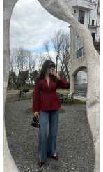 Clarıssa Pileli Tek Düğmeli Blazer Ceket - Bordo - Kod: 4157