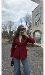 Clarıssa Pileli Tek Düğmeli Blazer Ceket - Bordo - Kod: 4157