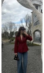 Clarıssa Pileli Tek Düğmeli Blazer Ceket - Bordo - Kod: 4157