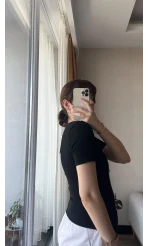Clasic Siyah Önü Düğme Detay Fitili T-Shirt