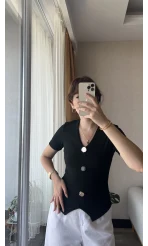 Clasic Siyah Önü Düğme Detay Fitili T-Shirt